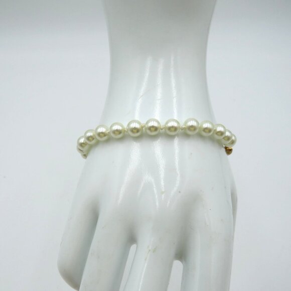 Unknown Jewelry - Imitation Pearl Bracelet White Round Beads Gold Tone Fishhook Clasp Bridal